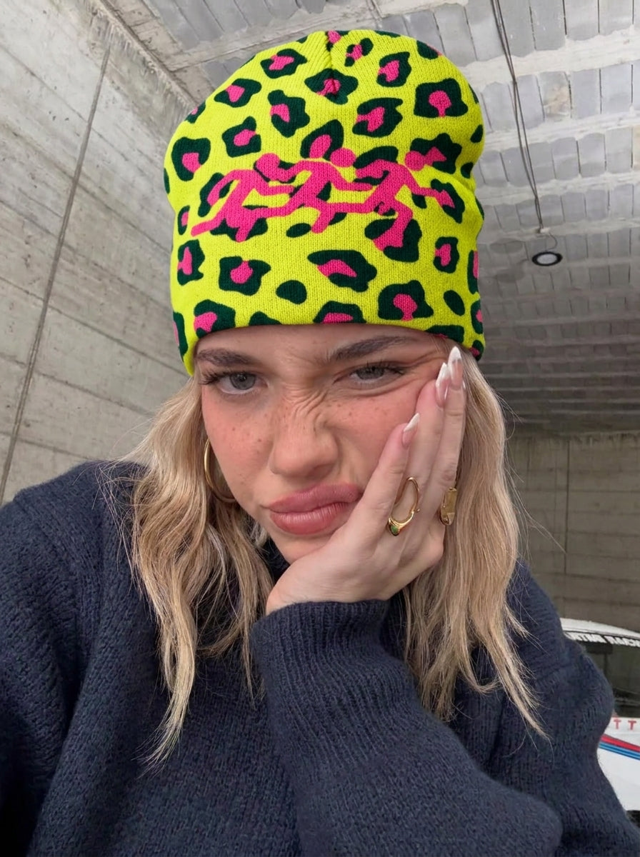 graphic cheetah print beanie