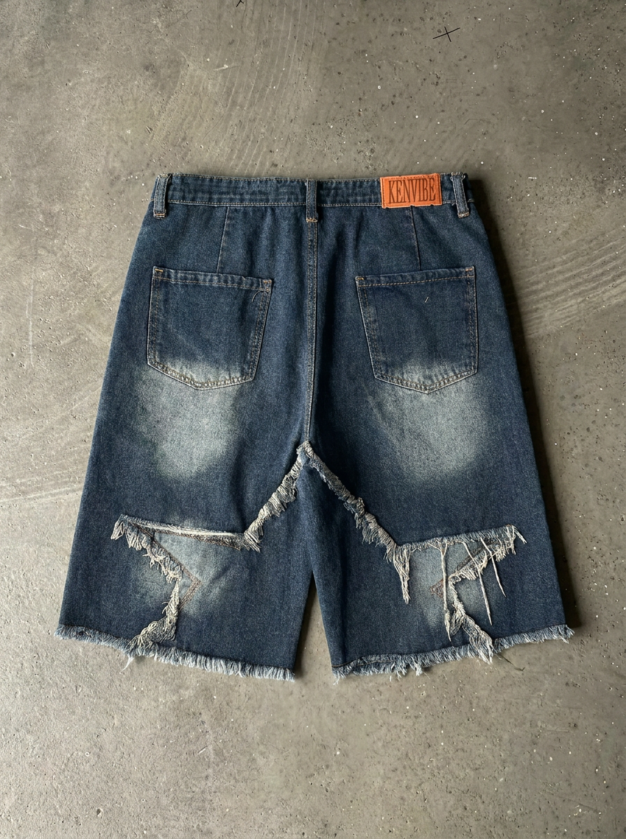 Zotaru Vintage Splicing Star Denim Shorts