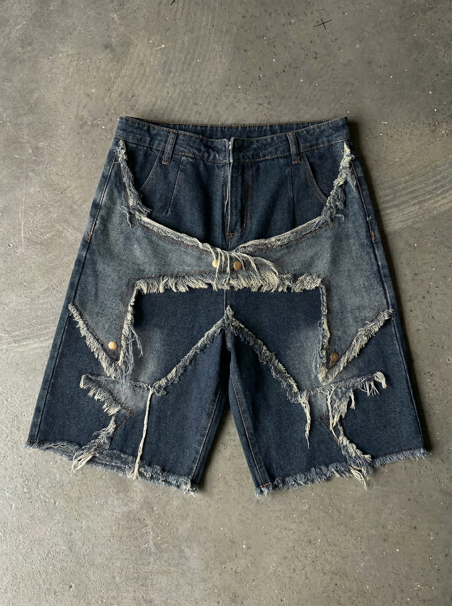 Zotaru Vintage Splicing Star Denim Shorts