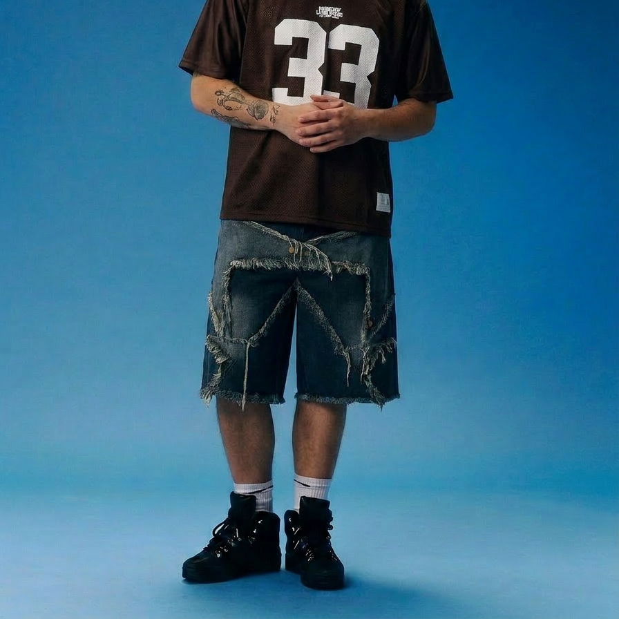 Zotaru Vintage Splicing Star Denim Shorts